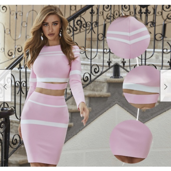NEW! ELEGANT CO ORD 2 PIECE SET LONG SLEEVE TOP & SKIRT SET PINK & WHITE STRIPE - Picture 4 of 11
